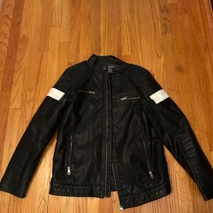 Black Leather Jacket with White Accents